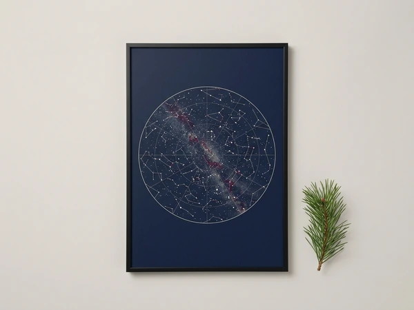 Black framed star map with a round constellation chart and Milky Way on navy