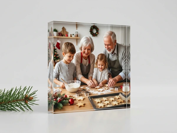 Acrylic block of grandparents cutting star cookies with a boy and a girl in the kitchen