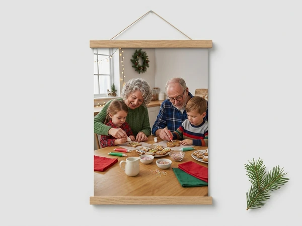 Oak canvas wall hanging of grandparents decorating cookies with a girl and a boy