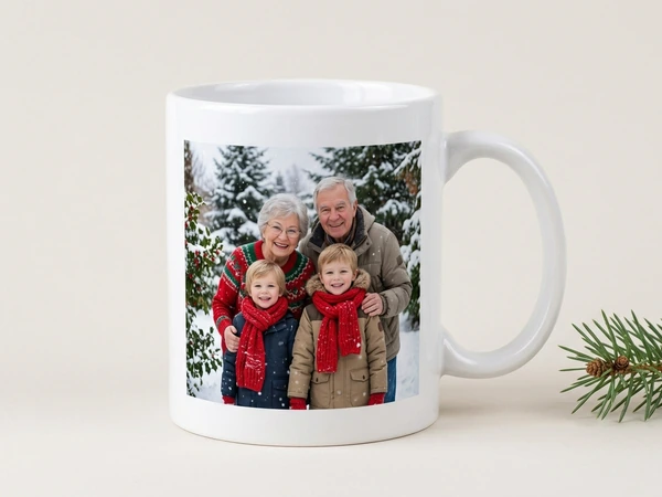 White photo mug of grandparents with two boys in red scarves among snowy pines
