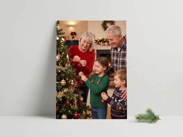 Poster of grandparents hanging ornaments on a Christmas tree with a girl and a boy