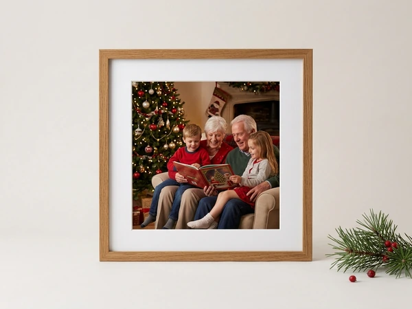 Oak framed picture of grandparents reading a book with a boy and a girl by the tree