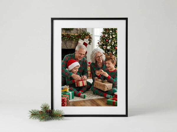 Black framed poster of grandparents opening gifts with two boys in matching plaid pajamas