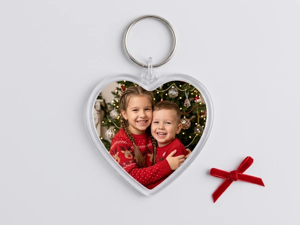 Heart keychain of a smiling girl and boy hugging in red sweaters by a Christmas tree