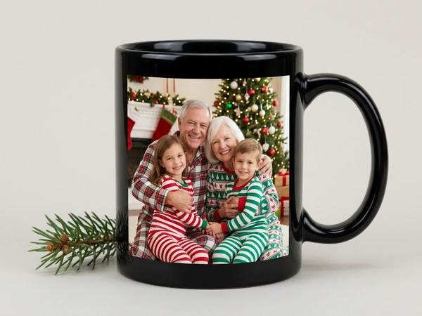 Black magic mug of grandparents hugging a girl and a boy in striped pajamas