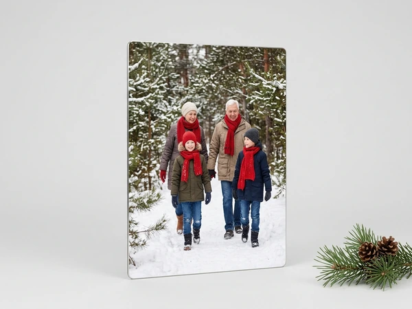 Metal print of grandparents walking a snowy forest path with two children in red scarves
