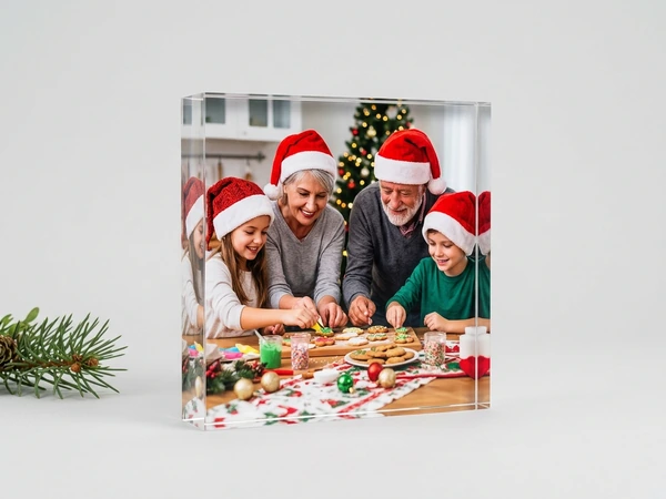 MixBlox acrylic block of grandparents and two children in Santa hats decorating cookies