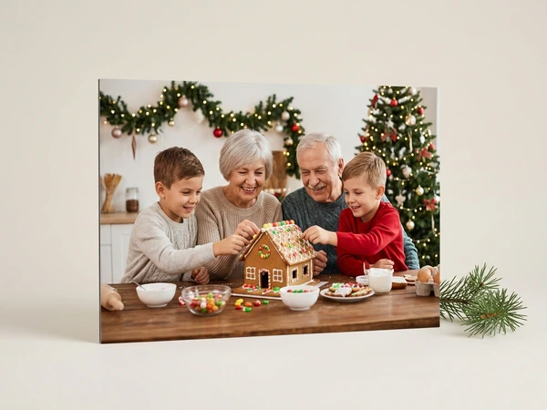 Photo board of grandparents building a gingerbread house with two boys at the table