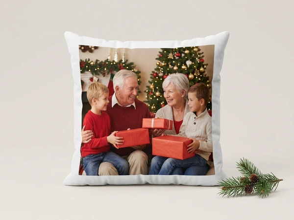 White plush pillow of grandparents holding red gifts with two boys by a Christmas tree