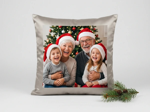 Silver satin pillow of grandparents and two laughing children in Santa hats