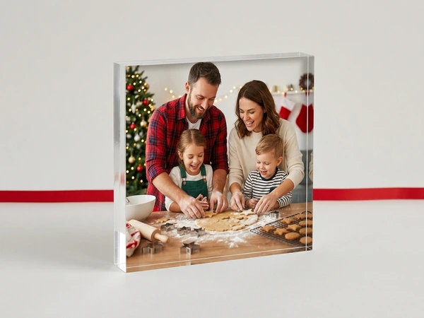 Acrylic print of a family of four rolling out cookie dough in a festive kitchen