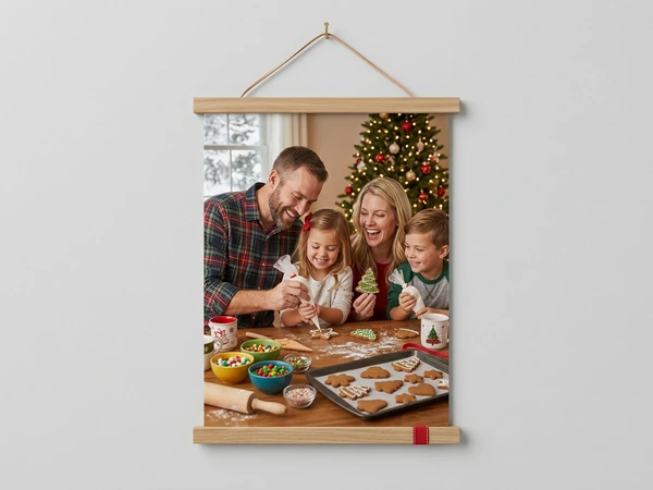 Canvas wall hanging with wooden rails of a family decorating gingerbread cookies