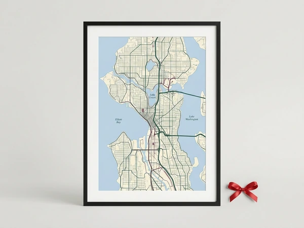 Black framed city map poster of a street map with lakes and a bay in soft blue