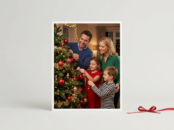 Classic poster of a family of four hanging red ornaments on a Christmas tree