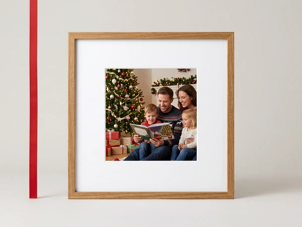 Oak framed picture of a family of four reading a book beside a Christmas tree