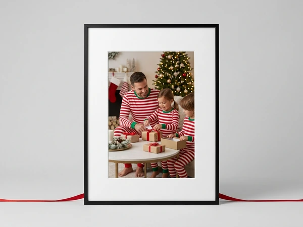 Black framed poster of a man and two children in striped pajamas wrapping gifts