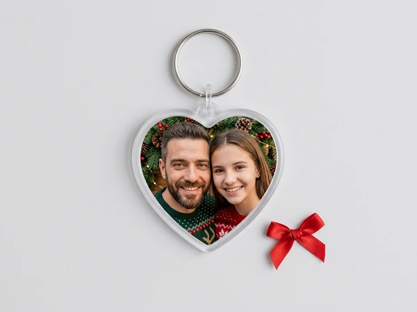 Heart keychain of a bearded man and a girl smiling in front of pine garland