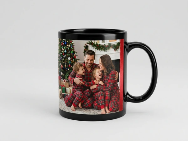 Black magic mug of a family of four in plaid pajamas hugging by a Christmas tree