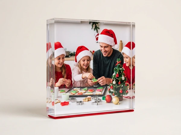 MixBlox acrylic block of a man and three children in Santa hats decorating cookies