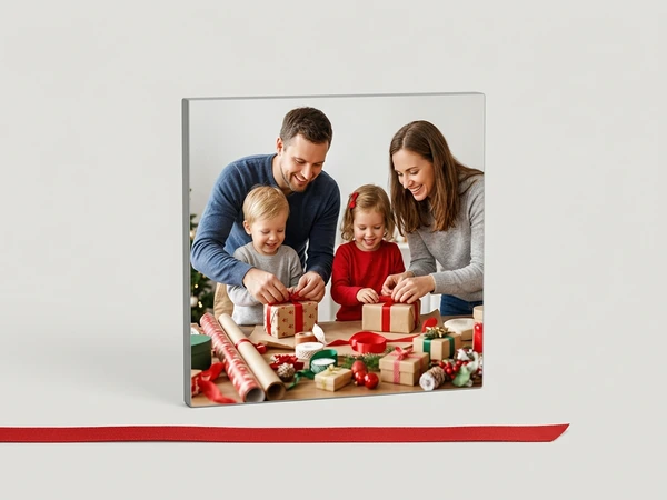 MIXPIX tile of a family of four wrapping presents at a table full of ribbon and paper