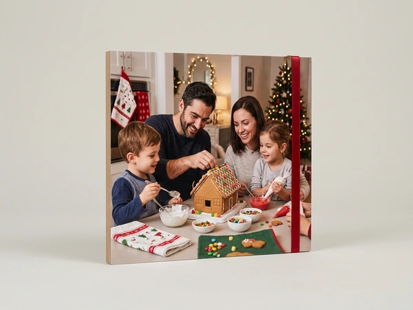Photo board of a family of four decorating a gingerbread house at the kitchen table