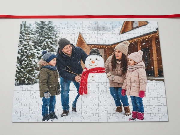 Photo puzzle of a family of four in winter hats building a snowman outside a cabin