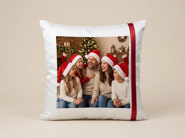 White satin pillow of a family of five in Santa hats in front of a Christmas tree