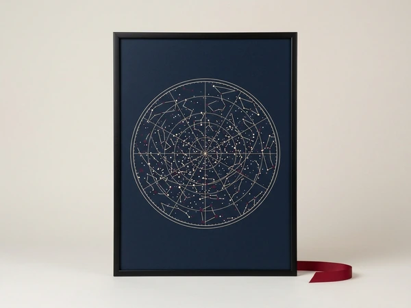 Black framed star map with a round constellation chart on navy