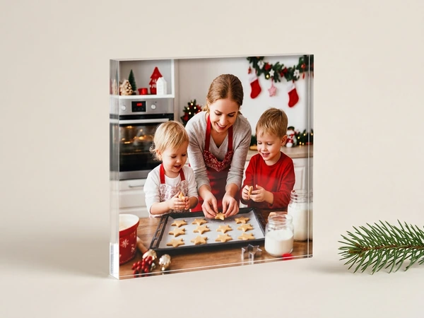 Acrylic print of a woman in an apron baking star cookies with two young boys