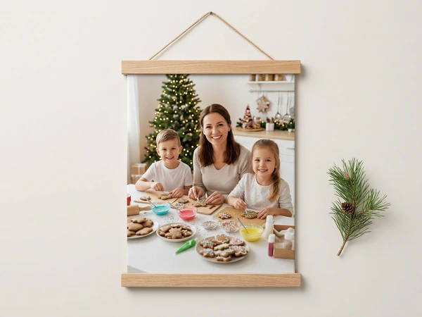 Canvas wall hanging with oak rails of a woman and two children decorating cookies in a kitchen