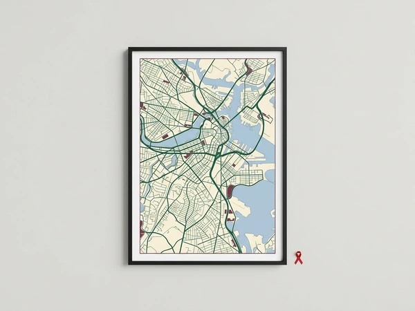 Black framed city map poster with green streets and blue waterways on cream