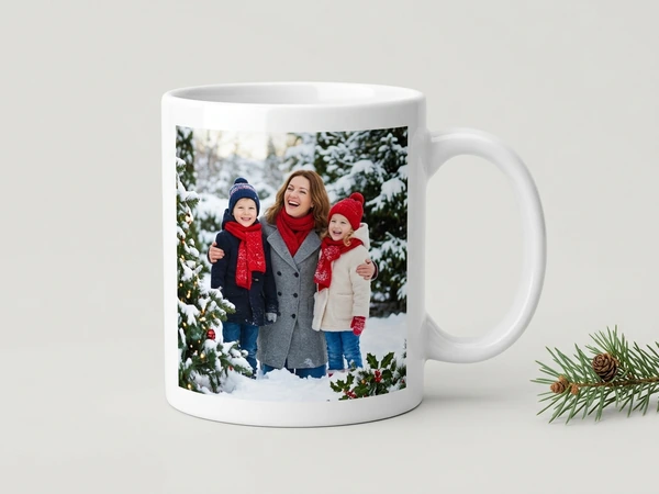 White photo mug of a woman and two children in red scarves among snowy trees