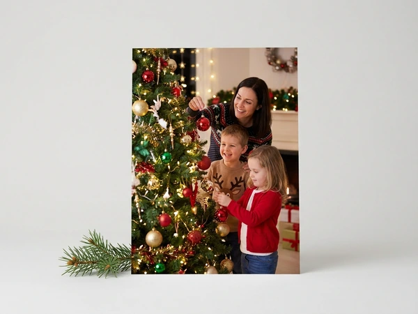 Classic poster of a woman, a boy and a girl hanging ornaments on a Christmas tree