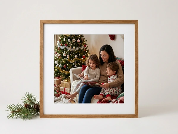 Oak framed picture of a woman reading a book with two small children by a Christmas tree