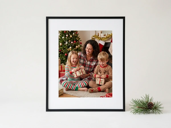 Black framed poster with a white mat of a woman and two children in pajamas opening gifts