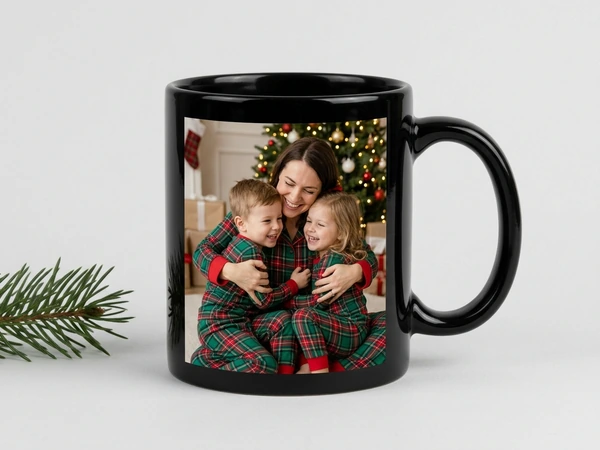 Black magic mug of a woman hugging two children in matching plaid pajamas