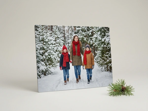 Metal print of a woman and two children in red scarves walking a snowy forest path