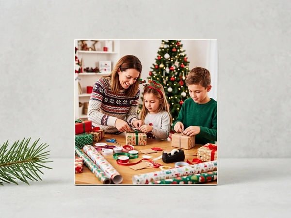 MIXPIX tile of a woman, a girl and a boy wrapping presents at a table