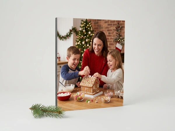 Photo board of a woman, a boy and a girl decorating a gingerbread house