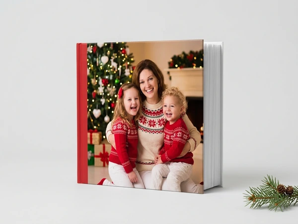 Photo book with a red spine of a woman, a girl and a toddler in festive sweaters