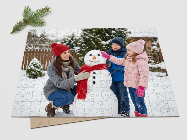 Photo puzzle of a woman and two children building a snowman with a red scarf