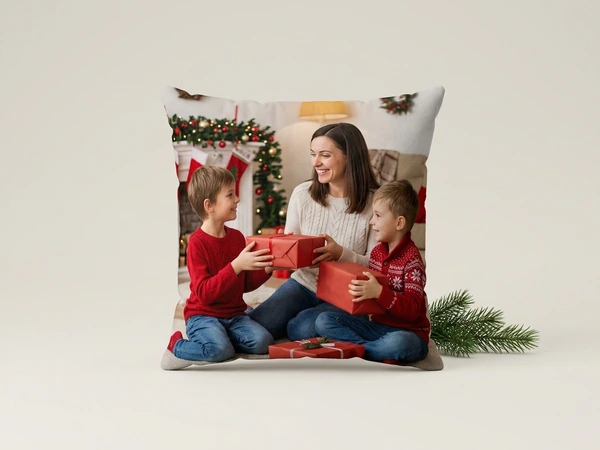 Plush pillow of a woman and two boys passing wrapped red gifts by a Christmas tree