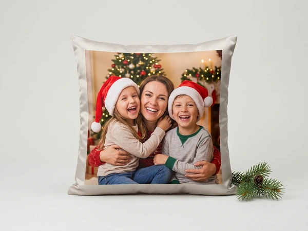 Satin pillow of a woman hugging a girl and a boy in Santa hats by a Christmas tree