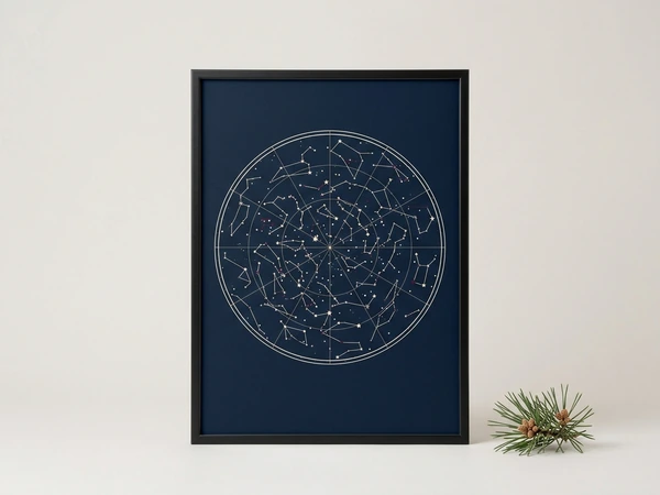 Black framed star map with a round constellation chart on navy