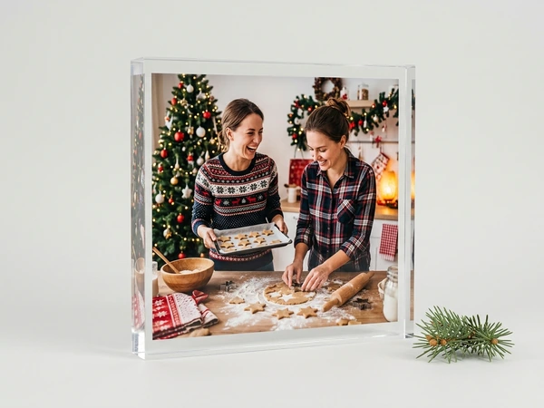 Acrylic print of two women baking star cookies in a kitchen beside a Christmas tree