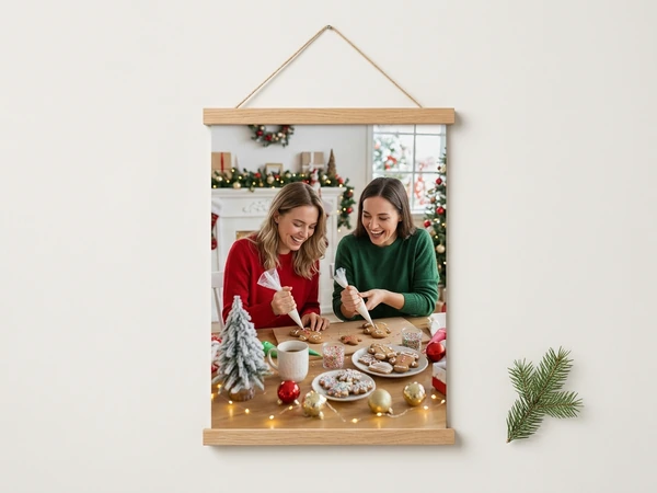 Wood canvas wall hanging of two women icing gingerbread cookies at a festive table