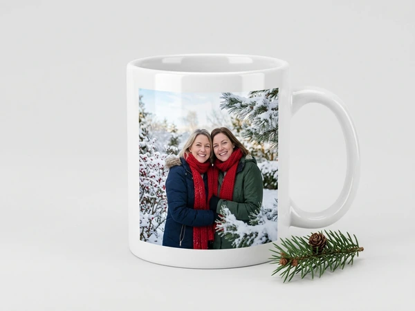 White photo mug of two women in red scarves hugging among snowy trees