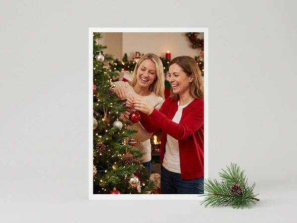 White bordered poster of two women hanging a red ornament on a Christmas tree