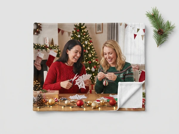 Fleece blanket of two women cutting paper snowflakes and holding an ornament at a table