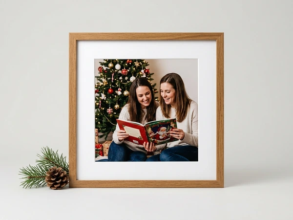 Oak framed picture of two women reading a storybook in front of a Christmas tree